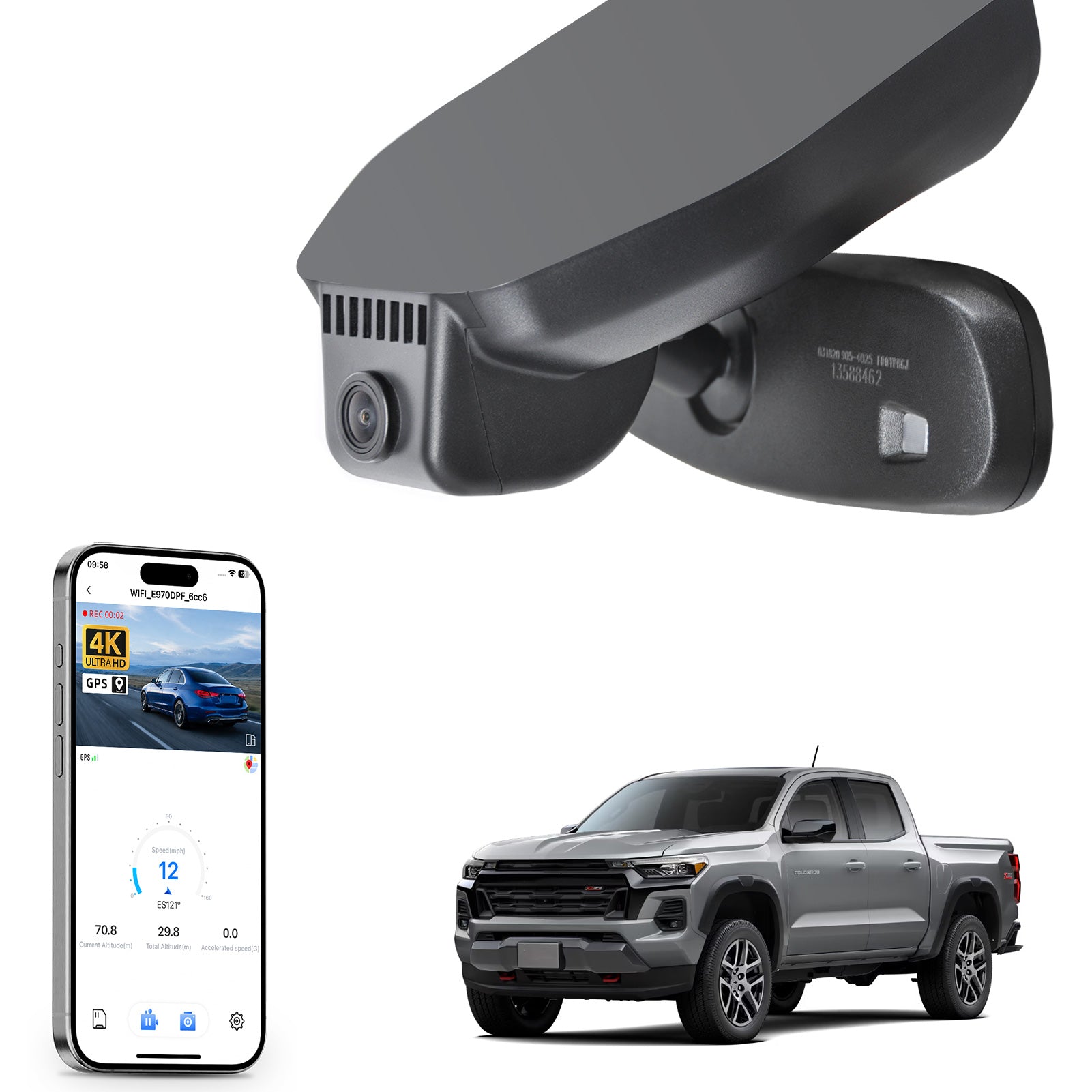 Mangoal rearview mirror built-in dash cam with smartphone app control, 4K Ultra HD recording, GPS tracking, and Chevy Colorado models in the background.
