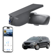 Mangoal rearview mirror built-in dash cam with smartphone app control, 4K Ultra HD recording, GPS tracking, and Chrysler Pacifica models in the background.