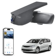 Mangoal rearview mirror built-in dash cam with smartphone app control, 4K Ultra HD recording, GPS tracking, and Chrysler Voyager models in the background.