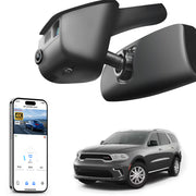Mangoal rearview mirror built-in dash cam with smartphone app control, 4K Ultra HD recording, GPS tracking, and Dodge Durango models in the background.