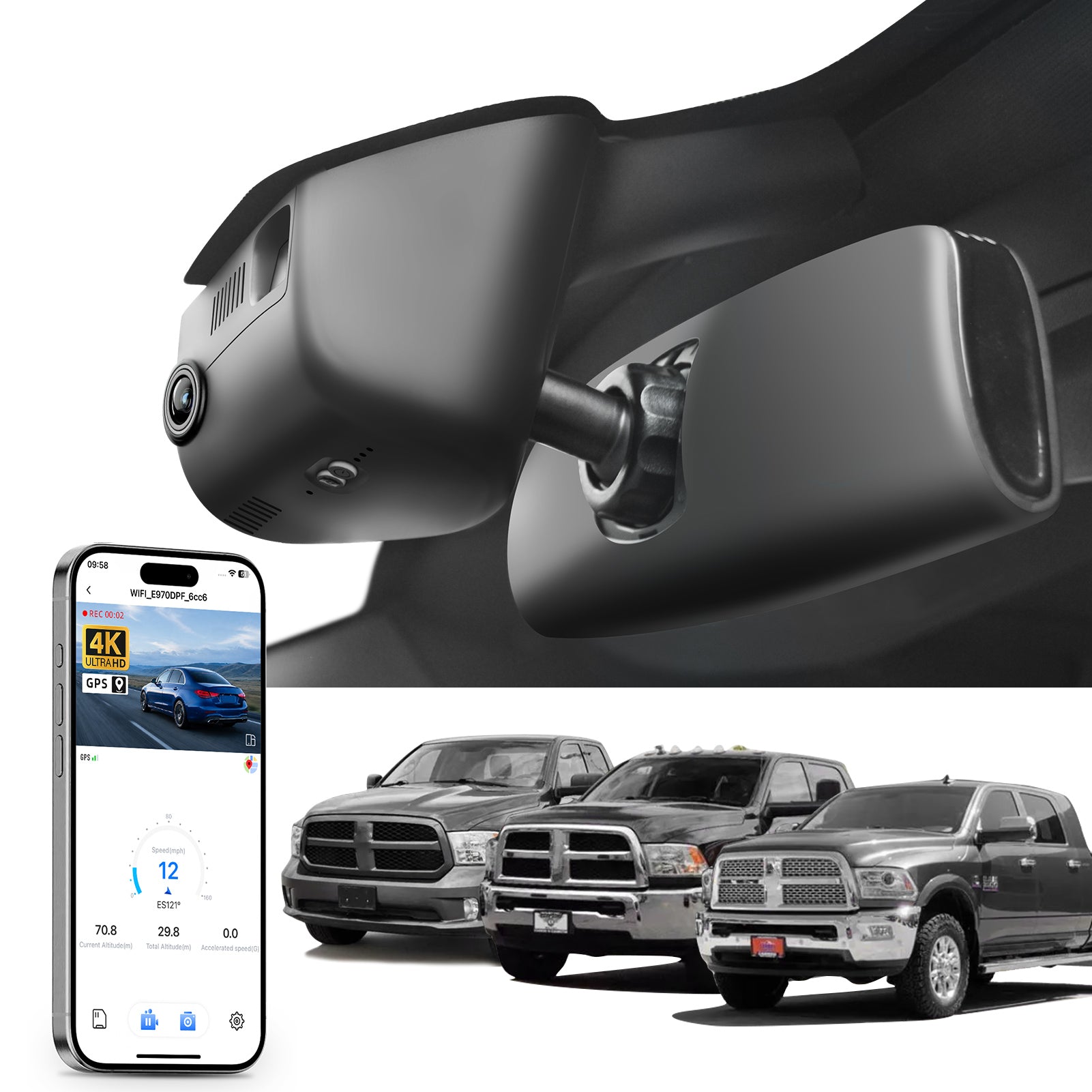 Mangoal rearview mirror built-in dash cam with smartphone app control, 4K Ultra HD recording, GPS tracking, and Dodge RAM models in the background.