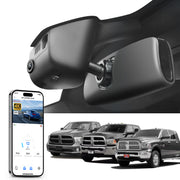 Mangoal rearview mirror built-in dash cam with smartphone app control, 4K Ultra HD recording, GPS tracking, and Dodge RAM models in the background.