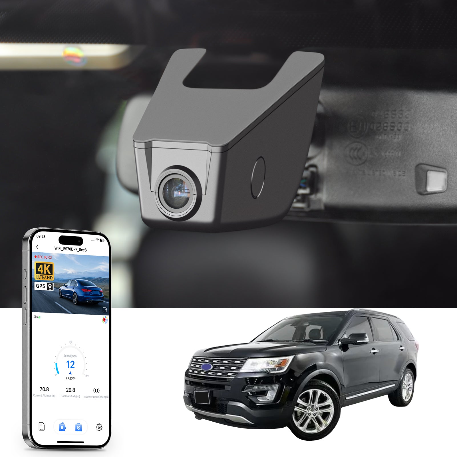 Mangoal rearview mirror built-in dash cam with smartphone app control, 4K Ultra HD recording, GPS tracking, and Ford Explorer models in the background.