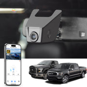 Mangoal rearview mirror built-in dash cam with smartphone app control, 4K Ultra HD recording, GPS tracking, and Ford F Series models in the background.