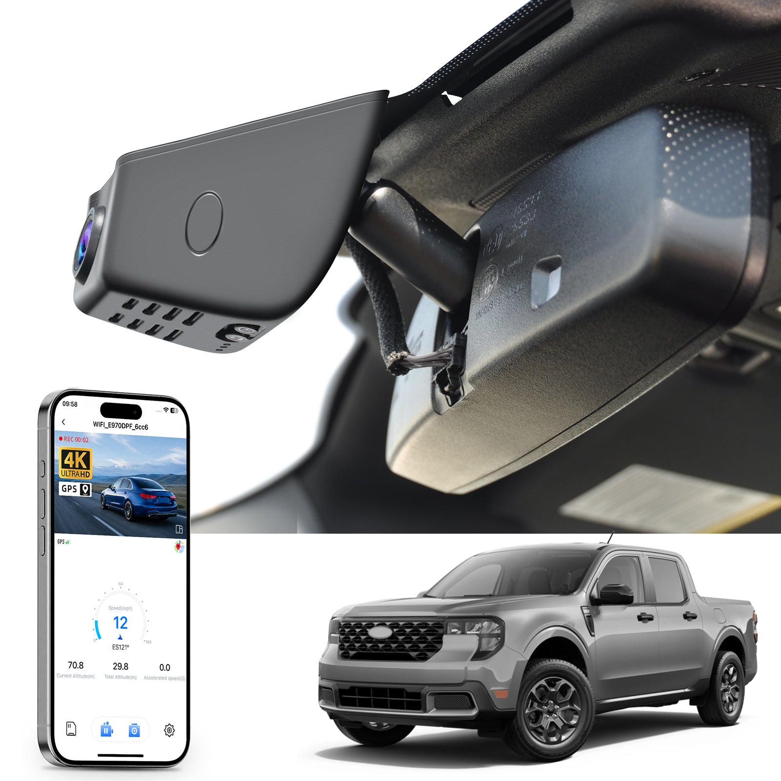 Mangoal rearview mirror built-in dash cam with smartphone app control, 4K Ultra HD recording, GPS tracking, and Ford Maverick models in the background.