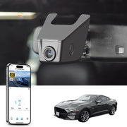 Mangoal rearview mirror built-in dash cam with smartphone app control, 4K Ultra HD recording, GPS tracking, and Ford Mustang models in the background.