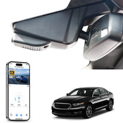 Mangoal rearview mirror built-in dash cam with smartphone app control, 4K Ultra HD recording, GPS tracking, and Ford Taurus models in the background.