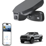 Mangoal rearview mirror built-in dash cam with smartphone app control, 4K Ultra HD recording, GPS tracking, and GMC Canyon models in the background.