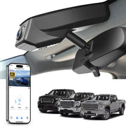 Mangoal rearview mirror built-in dash cam with smartphone app control, 4K Ultra HD recording, GPS tracking, and GMC Sierra models in the background.