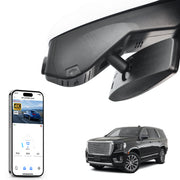 Mangoal rearview mirror built-in dash cam with smartphone app control, 4K Ultra HD recording, GPS tracking, and GMC Yukon models in the background.