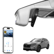 Mangoal rearview mirror built-in dash cam with smartphone app control, 4K Ultra HD recording, GPS tracking, and Honda CR-V models in the background.