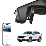 Mangoal rearview mirror built-in dash cam with smartphone app control, 4K Ultra HD recording, GPS tracking and Honda CRV models in the background.