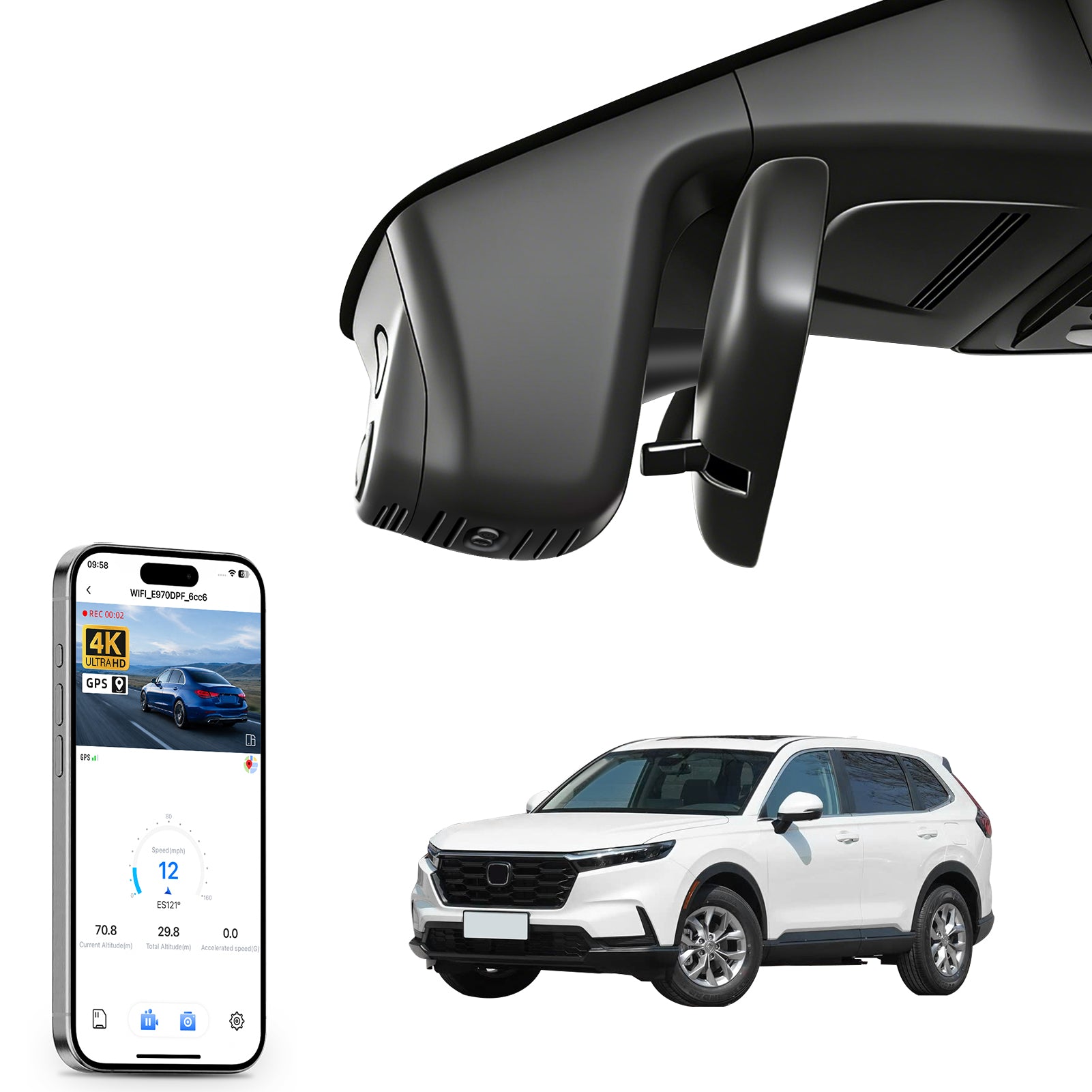 Mangoal rearview mirror built-in dash cam with smartphone app control, 4K Ultra HD recording, GPS tracking and Honda CRV models in the background.