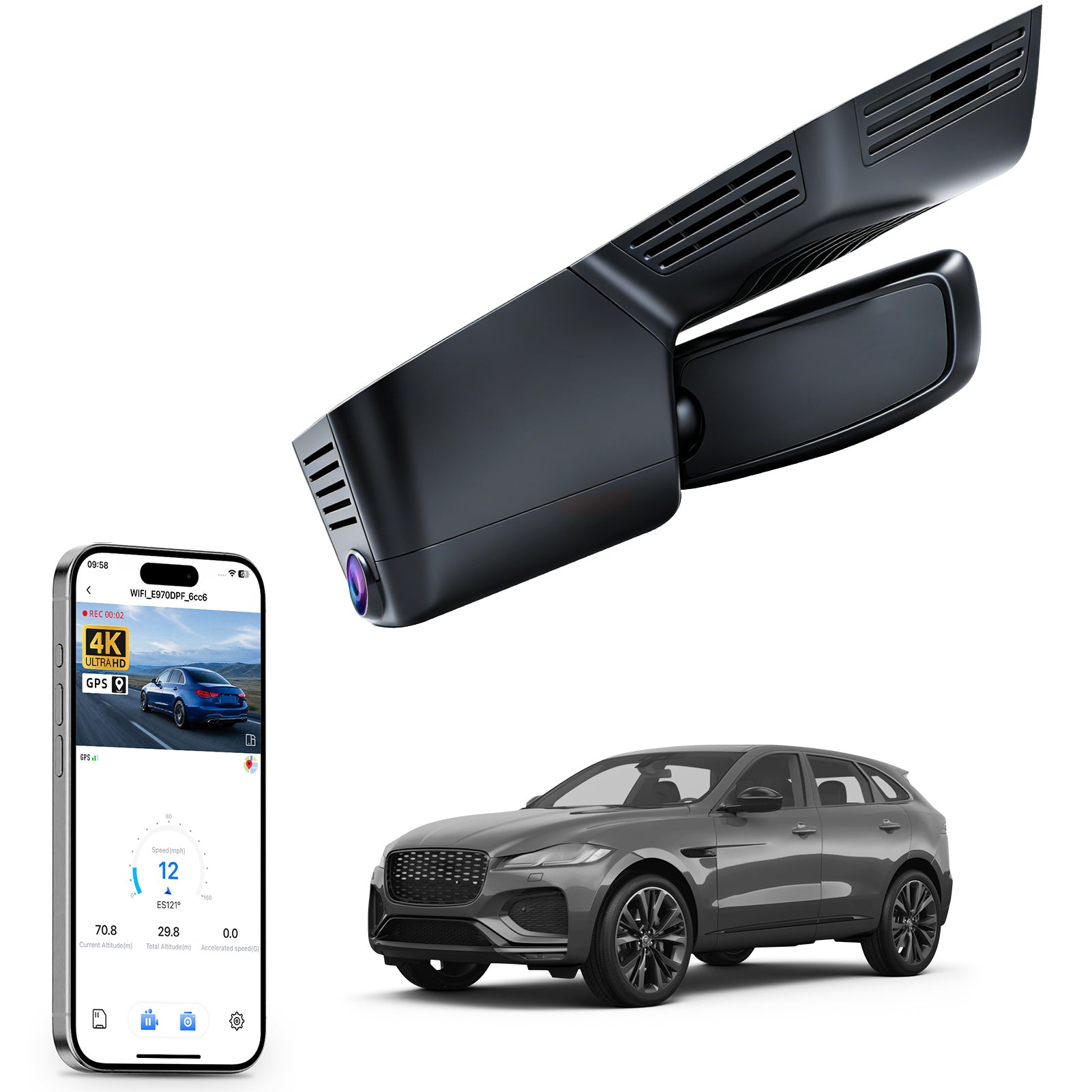 Mangoal rearview mirror built-in dash cam with smartphone app control, 4K Ultra HD recording, GPS tracking and Jaguar F Type models in the background.