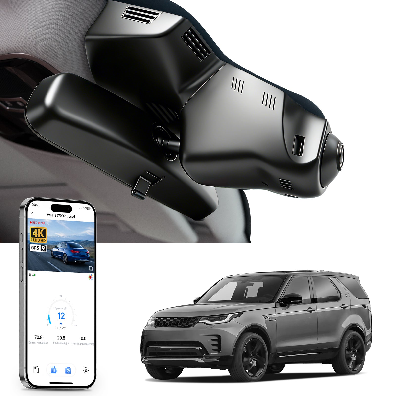 Mangoal rearview mirror built-in dash cam with smartphone app control, 4K Ultra HD recording, GPS tracking, and Land Rover Discovery 4 / LR4 models in the background. 