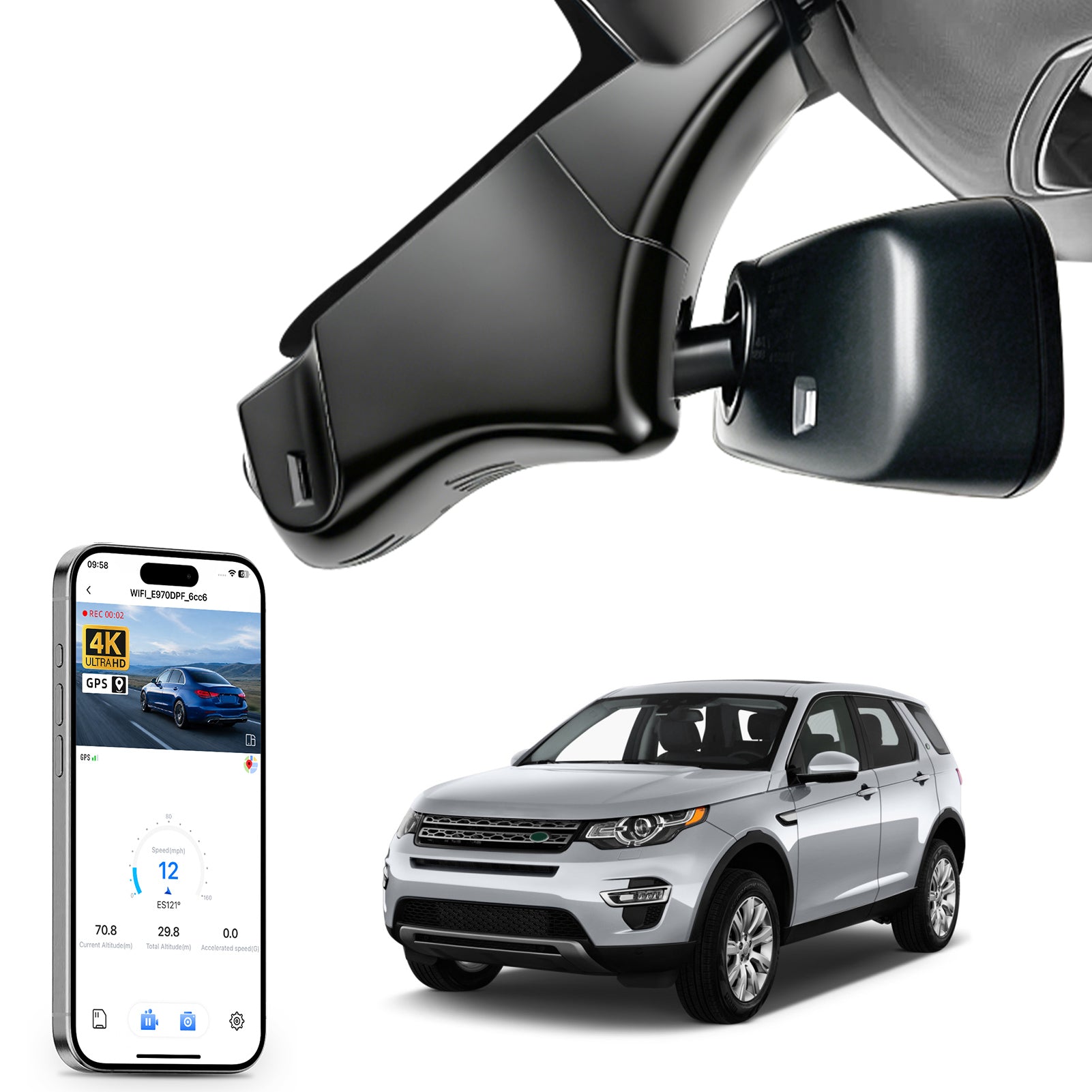 Mangoal rearview mirror built-in dash cam with smartphone app control, 4K Ultra HD recording, GPS tracking, and Land Rover Discovery Sport models in the background.
