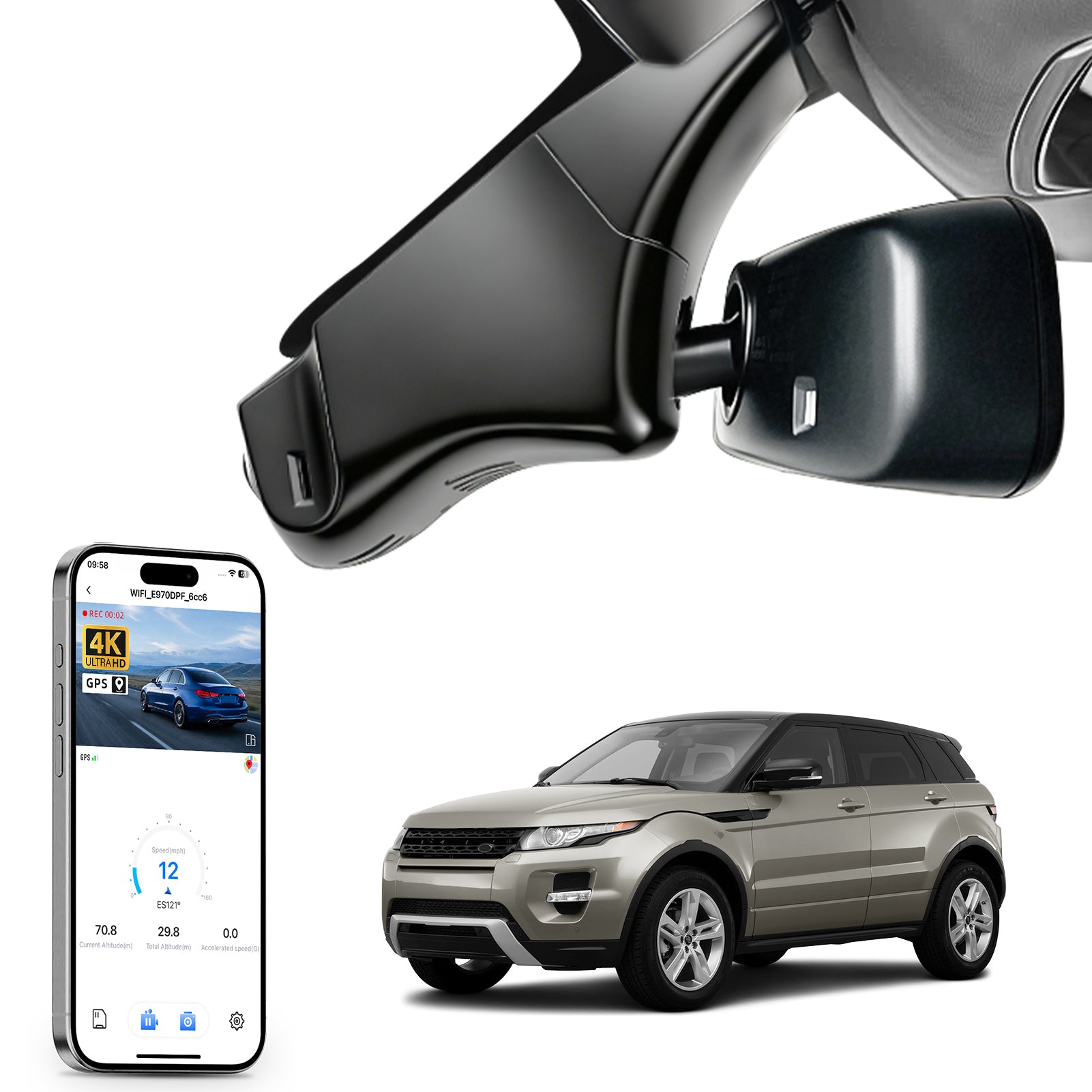 Mangoal rearview mirror built-in dash cam with smartphone app control, 4K Ultra HD recording, GPS tracking and Land Land Rover Range Rover Evoque models in the background.