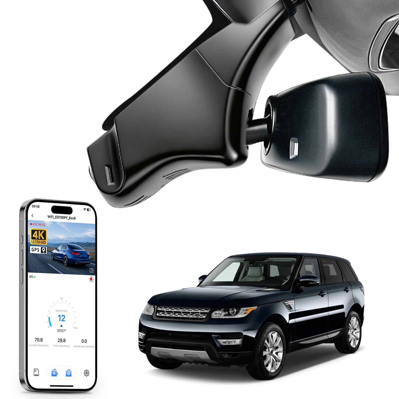 Mangoal rearview mirror built-in dash cam with smartphone app control, 4K Ultra HD recording, GPS tracking and Land Rover Range Rover & Range Rover Sport models in the background.