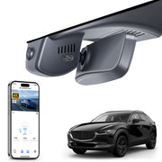 Mangoal rearview mirror built-in dash cam with smartphone app control, 4K Ultra HD recording, GPS tracking, and Mazda CX-30 models in the background.