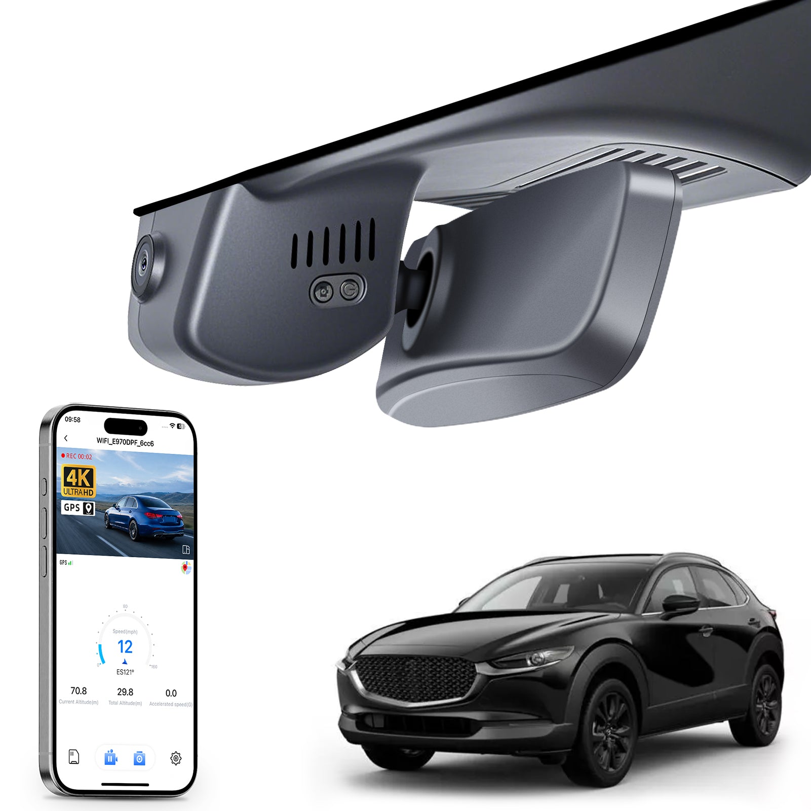 Mangoal rearview mirror built-in dash cam with smartphone app control, 4K Ultra HD recording, GPS tracking, and Mazda CX-30 models in the background.