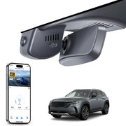 Mangoal rearview mirror built-in dash cam with smartphone app control, 4K Ultra HD recording, GPS tracking, and Mazda CX-50 models in the background