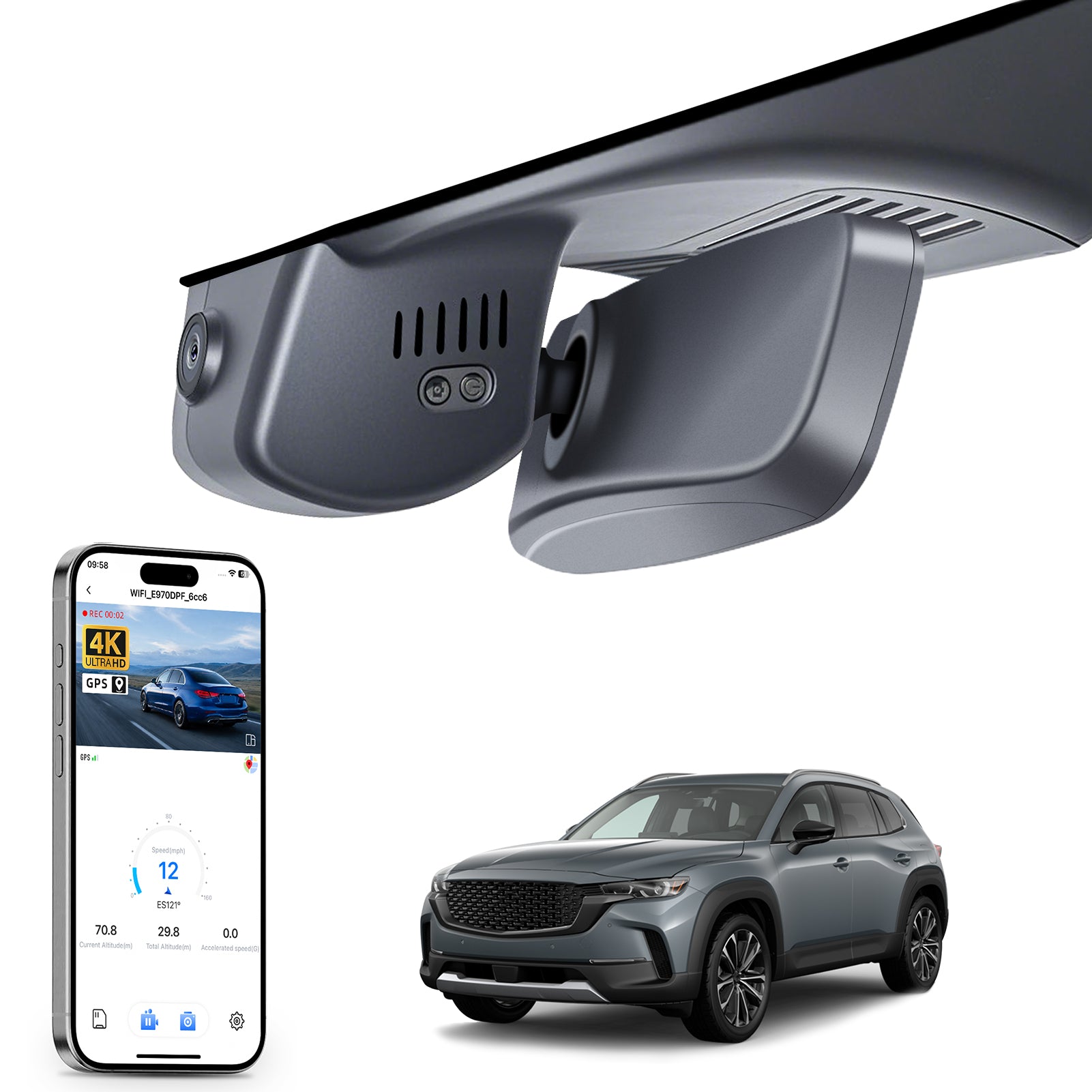 Mangoal rearview mirror built-in dash cam with smartphone app control, 4K Ultra HD recording, GPS tracking, and Mazda CX-50 models in the background