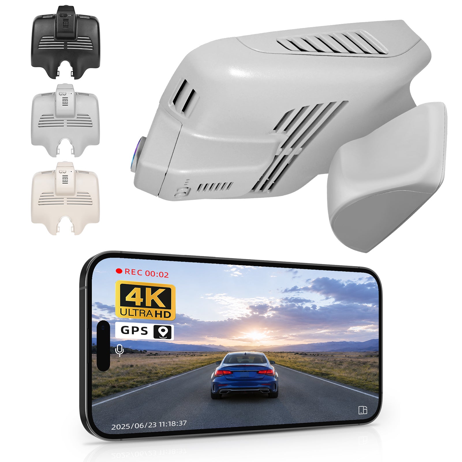 Mangoal rearview mirror built-in dash cam with smartphone app control, 4K Ultra HD recording, GPS tracking, and Mercedes-Benz C-Class models in the background.