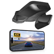 Mangoal rearview mirror built-in dash cam with smartphone app control, 4K Ultra HD recording, GPS tracking, and Mercedes-Benz E-Class Gen6 models in the background
