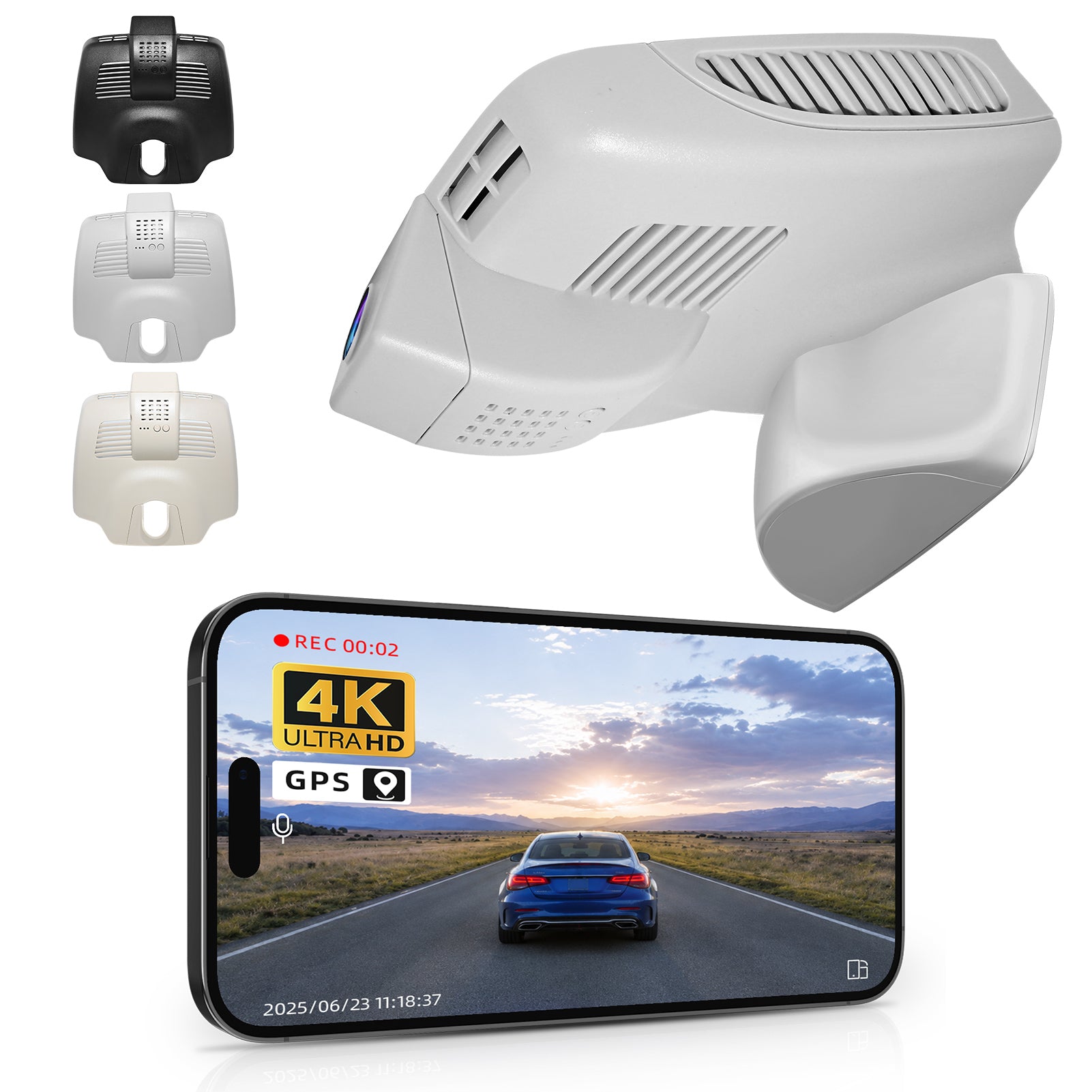 Mangoal rearview mirror built-in dash cam with smartphone app control, 4K Ultra HD recording, GPS tracking, and Mercedes-Benz E-Class models in the background.