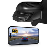 Mangoal rearview mirror built-in dash cam with smartphone app control, 4K Ultra HD recording, GPS tracking, and Mercedes-Benz GLB models in the background.