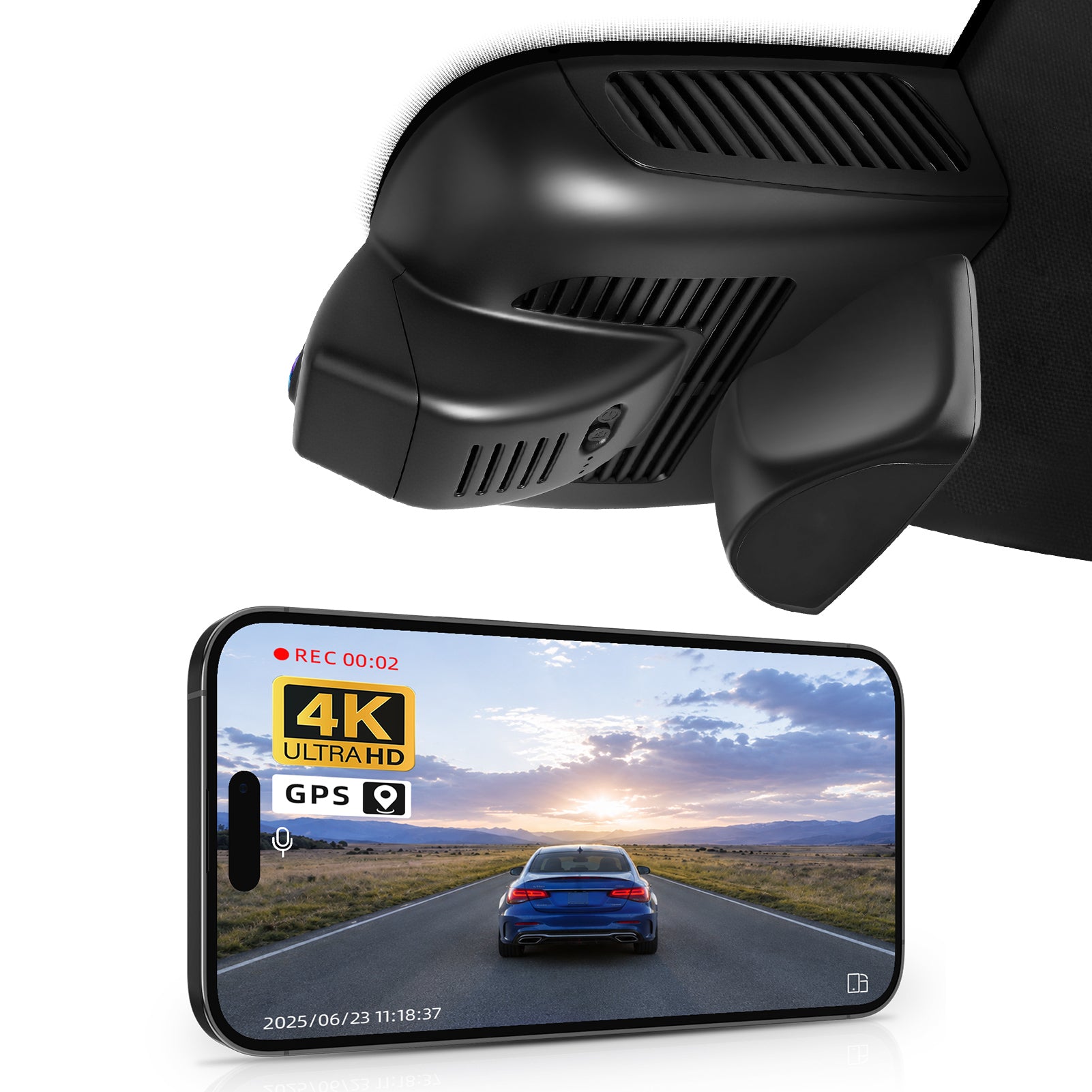 Mangoal rearview mirror built-in dash cam with smartphone app control, 4K Ultra HD recording, GPS tracking, and Mercedes-Benz GLB models in the background.