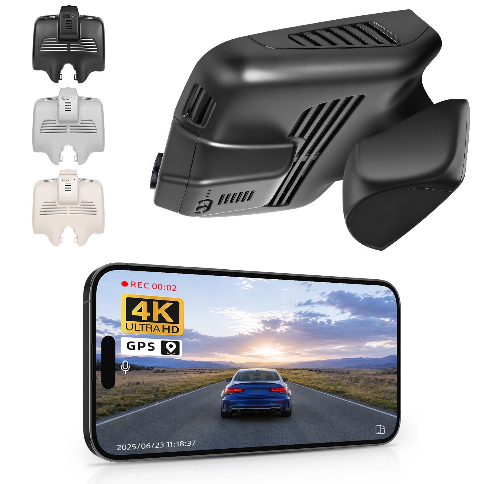 Mangoal rearview mirror built-in dash cam with smartphone app control, 4K Ultra HD recording, GPS tracking, and Mercedes-Benz GLC Gen1 models in the background.