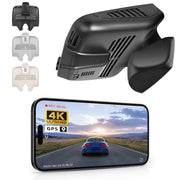 Mangoal rearview mirror built-in dash cam with smartphone app control, 4K Ultra HD recording, GPS tracking, and Mercedes-Benz GLC Gen1 models in the background.