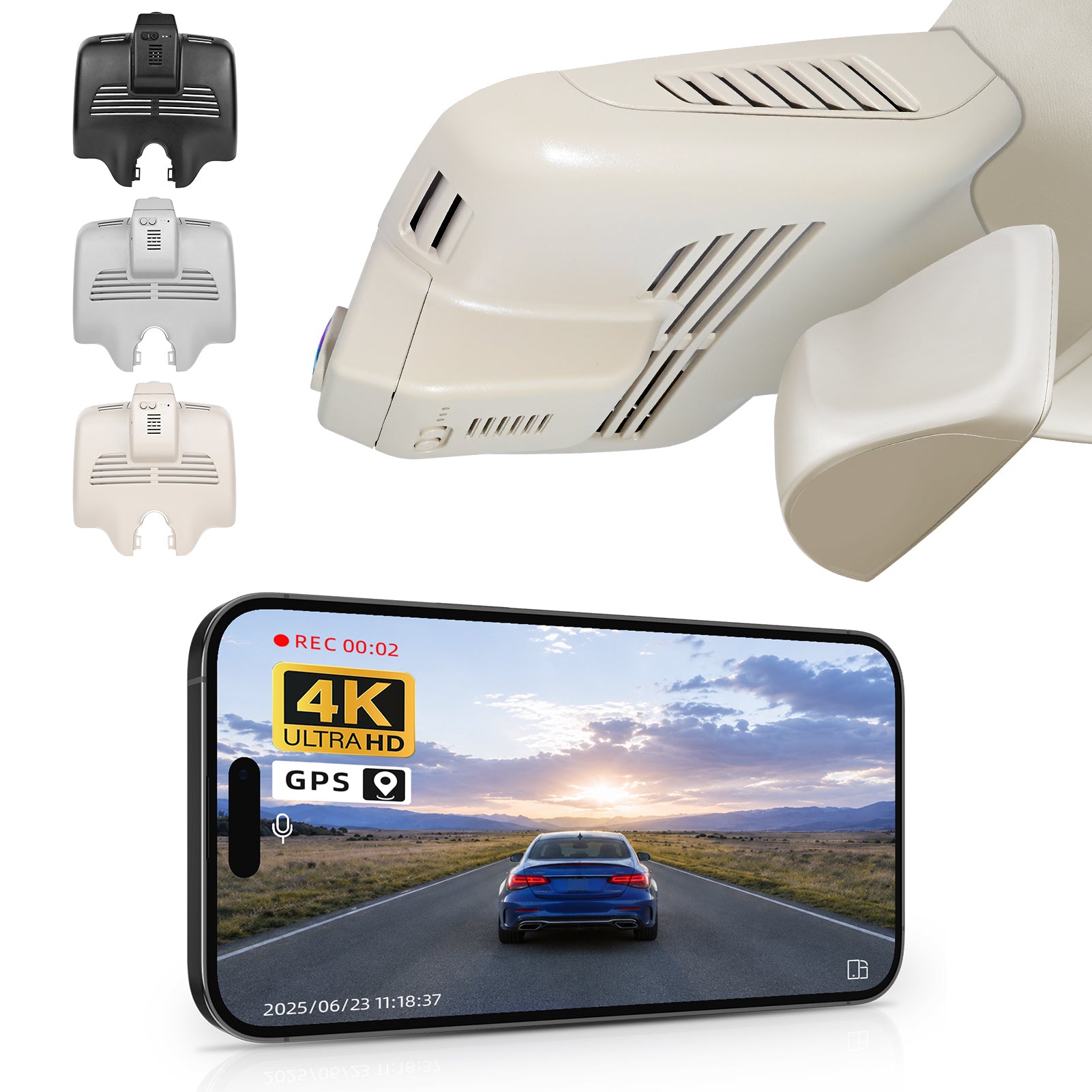 Mangoal rearview mirror built-in dash cam with smartphone app control, 4K Ultra HD recording, GPS tracking, and Mercedes-Benz GLC Gen1 models in the background.