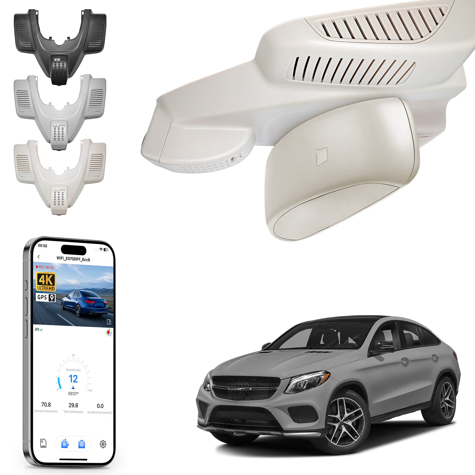 Mangoal rearview mirror built-in dash cam with smartphone app control, 4K Ultra HD recording, GPS tracking, and Mercedes-Benz GLE models in the background.