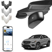 Mangoal rearview mirror built-in dash cam with smartphone app control, 4K Ultra HD recording, GPS tracking, and Mercedes-Benz GLE models in the background.