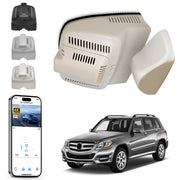 Mangoal rearview mirror built-in dash cam with smartphone app control, 4K Ultra HD recording, GPS tracking, and Mercedes-Benz GLK models in the background.