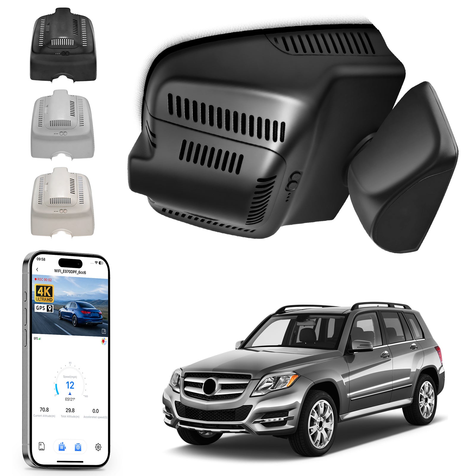 Mangoal rearview mirror built-in dash cam with smartphone app control, 4K Ultra HD recording, GPS tracking, and Mercedes-Benz GLK models in the background.