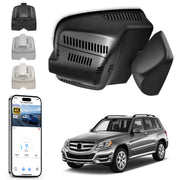 Mangoal rearview mirror built-in dash cam with smartphone app control, 4K Ultra HD recording, GPS tracking, and Mercedes-Benz GLK models in the background.