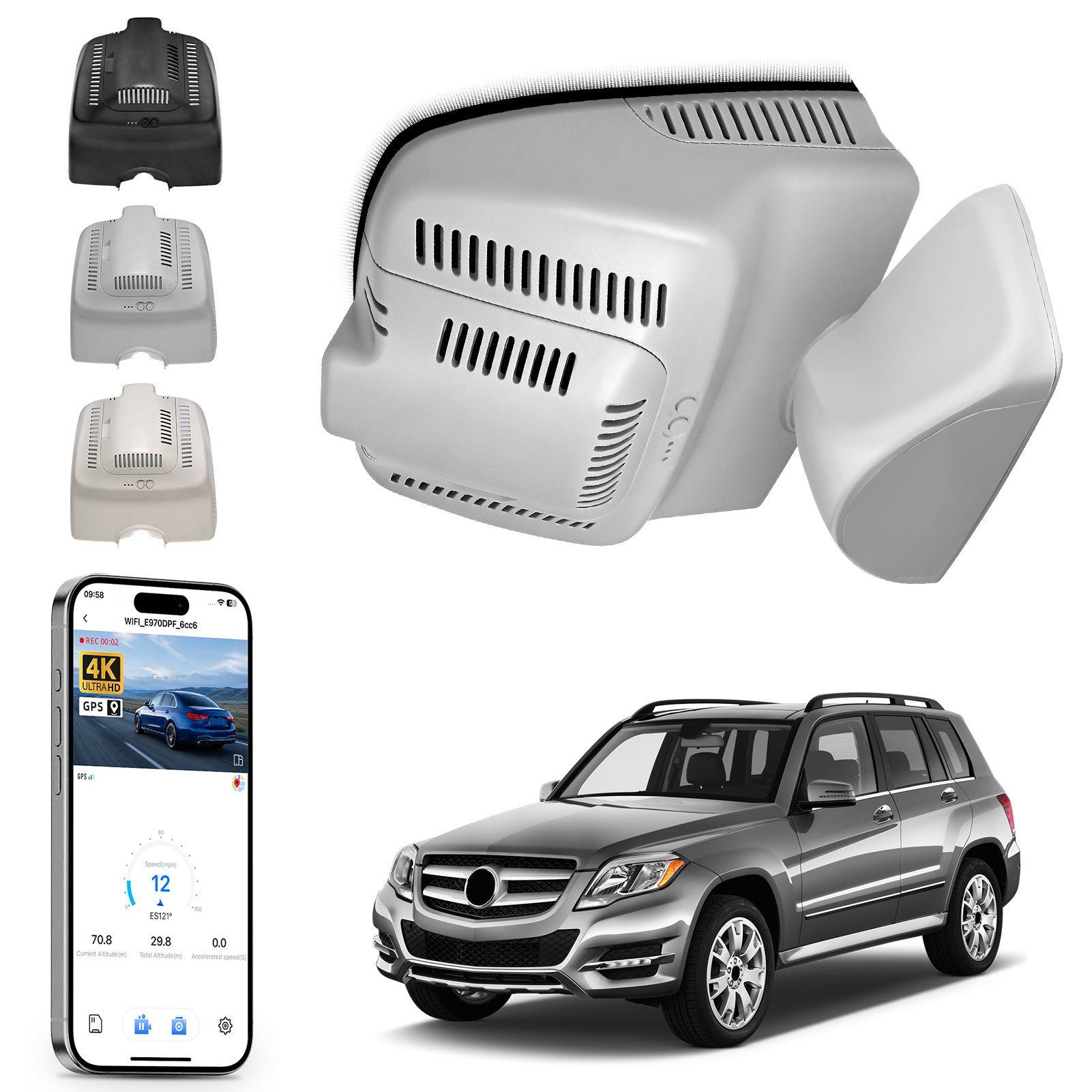 Mangoal rearview mirror built-in dash cam with smartphone app control, 4K Ultra HD recording, GPS tracking, and Mercedes-Benz GLK models in the background.