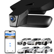 Mangoal rearview mirror built-in dash cam with smartphone app control, 4K Ultra HD recording, GPS tracking, and Porsche models in the background.