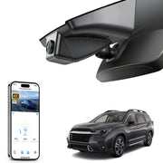 Mangoal rearview mirror built-in dash cam with smartphone app control, 4K Ultra HD recording, GPS tracking, and Subaru Ascent models in the background.