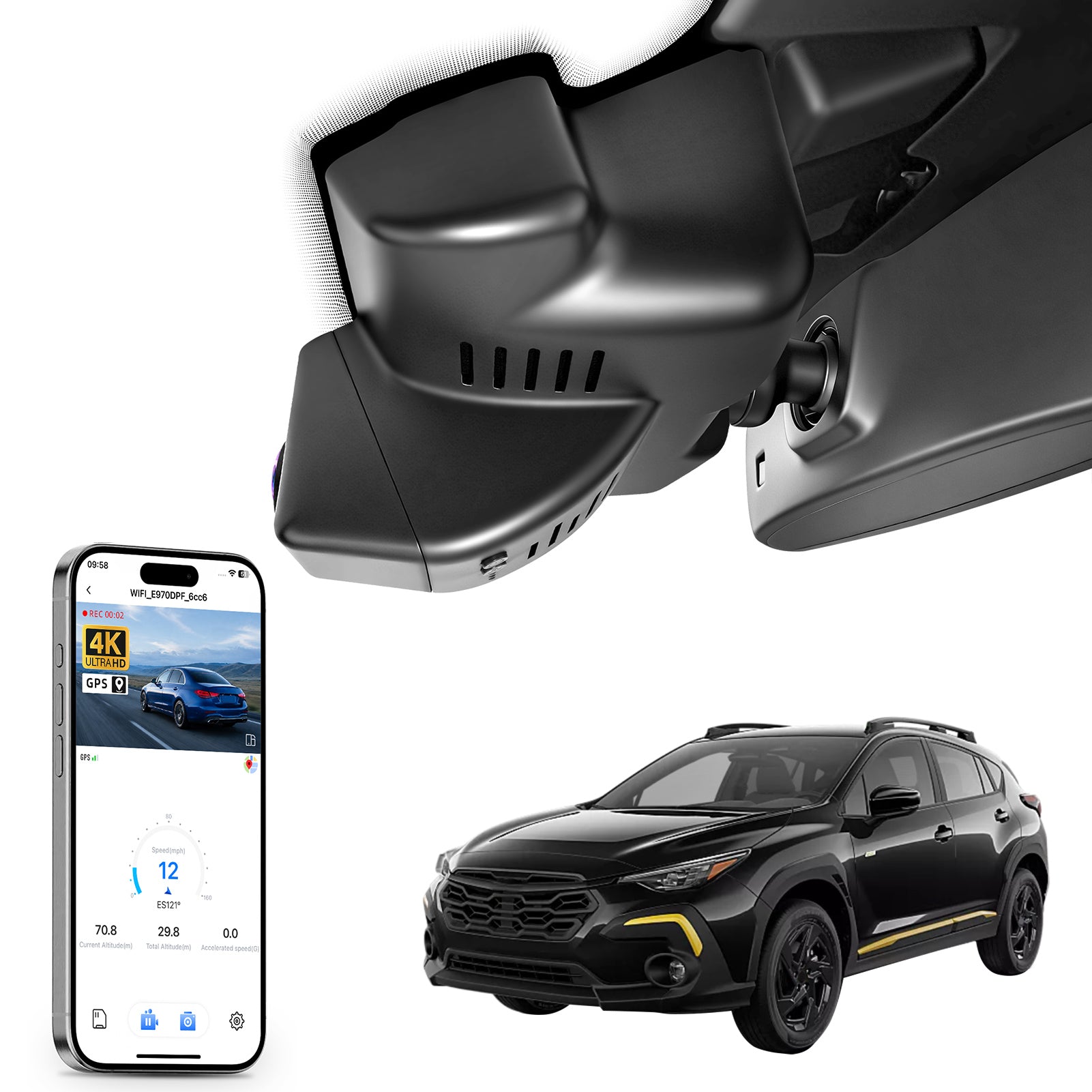 Mangoal rearview mirror built-in dash cam with smartphone app control, 4K Ultra HD recording, GPS tracking, and Subaru Crosstrek models in the background.