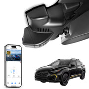 Mangoal rearview mirror built-in dash cam with smartphone app control, 4K Ultra HD recording, GPS tracking, and Subaru Crosstrek models in the background.