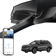 Mangoal rearview mirror built-in dash cam with smartphone app control, 4K Ultra HD recording, GPS tracking, and Subaru Forester models in the background.