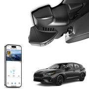 Mangoal rearview mirror built-in dash cam with smartphone app control, 4K Ultra HD recording, GPS tracking, and Subaru Impreza models in the background.