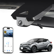 Mangoal rearview mirror built-in dash cam with smartphone app control, 4K Ultra HD recording, GPS tracking, and Toyota C-HR models in the background.
