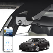 Mangoal rearview mirror built-in dash cam with smartphone app control, 4K Ultra HD recording, GPS tracking, and Toyota Camry models in the background.
