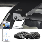 Mangoal rearview mirror built-in dash cam with smartphone app control, 4K Ultra HD recording, GPS tracking, and Toyota Corolla models in the background.