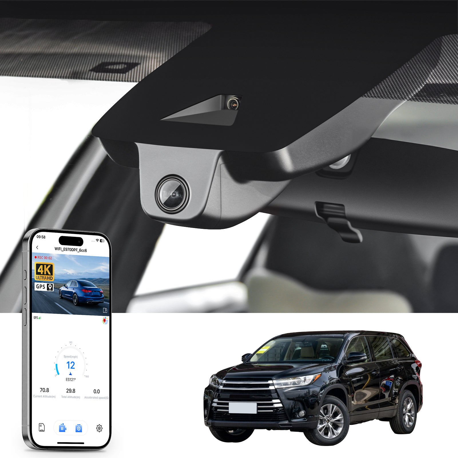 Mangoal rearview mirror built-in dash cam with smartphone app control, 4K Ultra HD recording, GPS tracking, and Toyota Highlander models in the background.